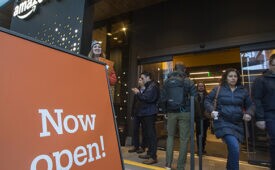 SEATTLE, WA - JANUARY 22: Shoppers enter and exit the Amazon Go store on January 22, 2018 in Seattle, Washington. After more than a year in beta Amazon opened the cashier-less store to the public. (Photo by Stephen Brashear/Getty Images)