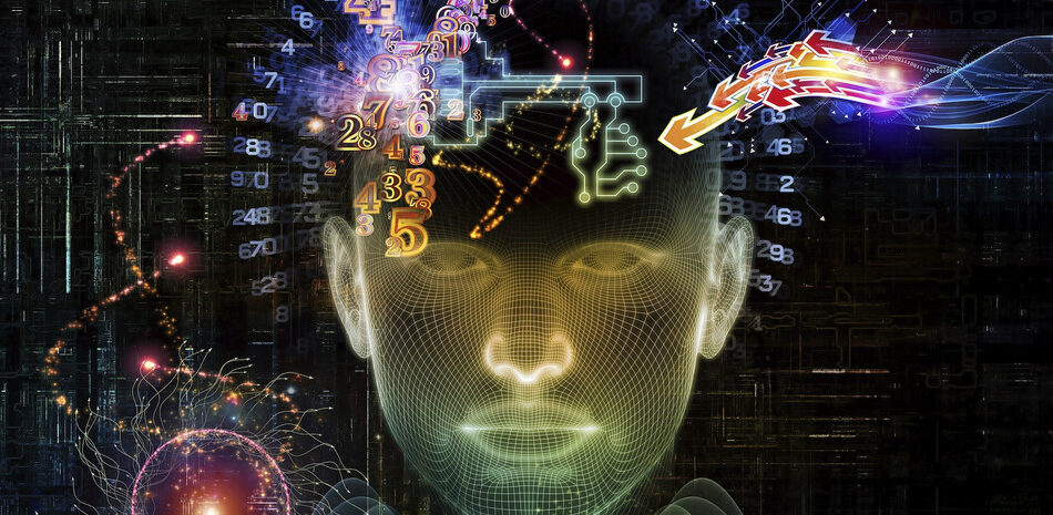 Composition of human head, key symbol and fractal design elements on the subject of encryption, security, digital communications, science and technology