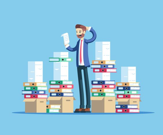 Business concept paperwork and overworked flat vector illustration. Confused businessman trying to make out with a lot of paperwork. Office worker standing between big piles of documents and folders