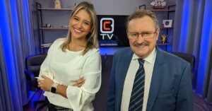 A âncora Camila Srougi e Germano Oliveira em apresentação da BCTV, jornal que irá ao ar de segunda à sexta-feira no site (Crédito: Divulgação)